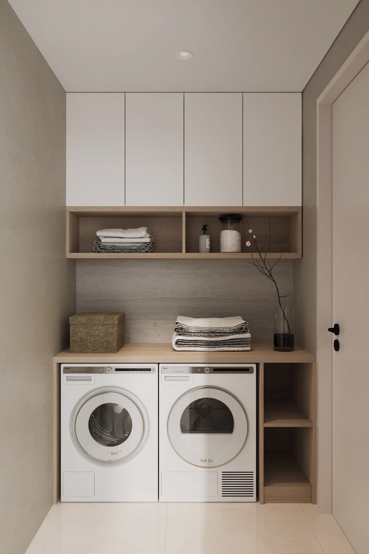 Custom green laundry cabinetry with pull-out drying rack